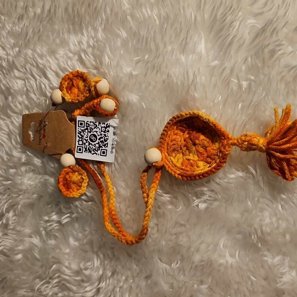Handmade Orange Crochet Necklace and Earring Set Hand Knit Fall Jewelry beaded - Picture 15 of 17